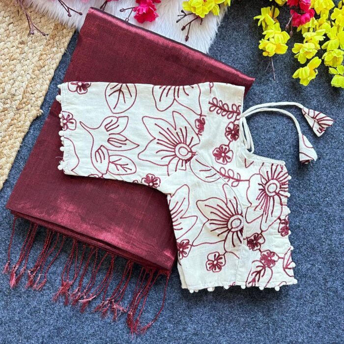 Tissue Cotton Saree with Heavy Embroidered Khadi Blouse