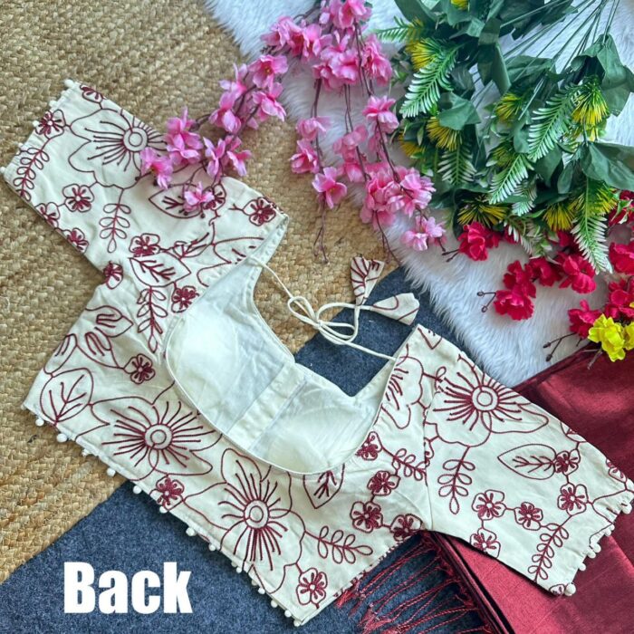 Tissue Cotton Saree with Heavy Embroidered Khadi Blouse - Image 3