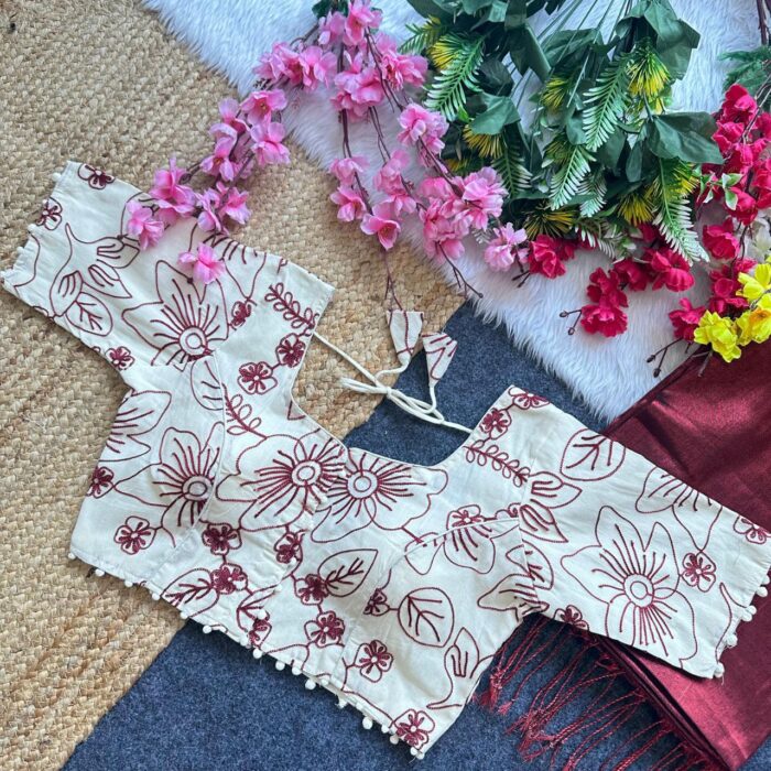 Tissue Cotton Saree with Heavy Embroidered Khadi Blouse - Image 2