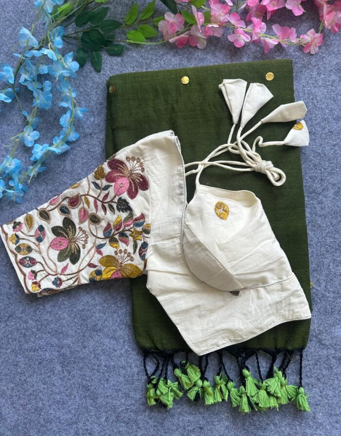 Khadi Cotton Gini Work Saree With Heavy Blouse - Image 2