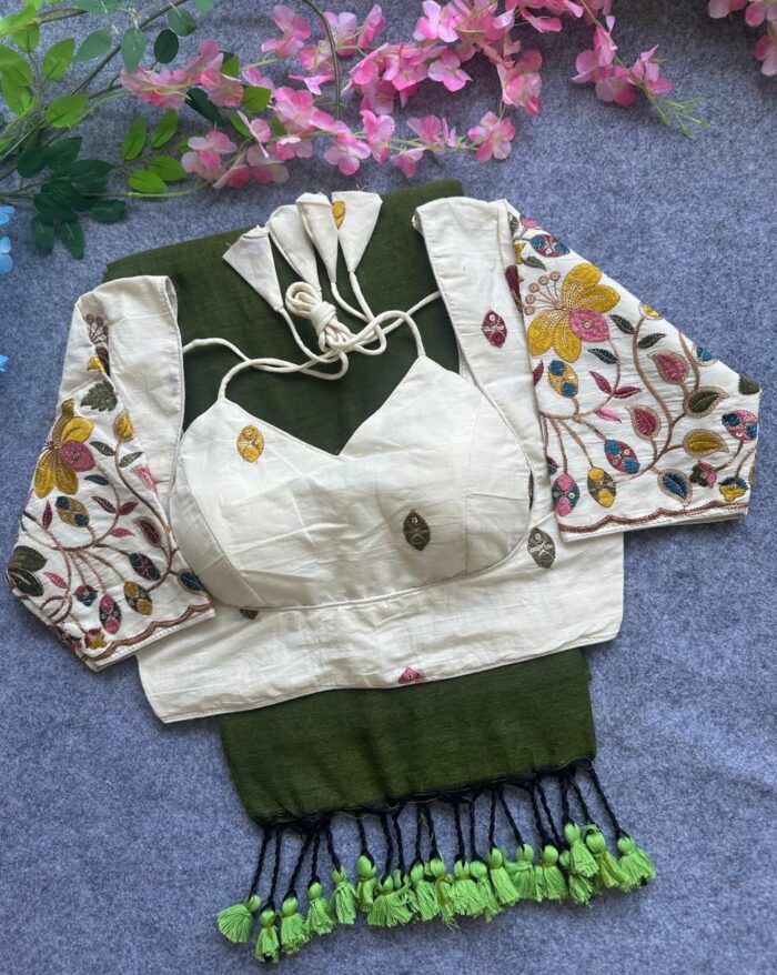 Khadi Cotton Gini Work Saree With Heavy Blouse