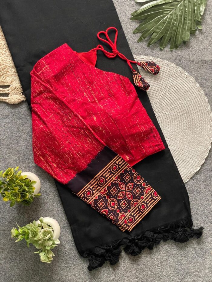 Ajrakh Cotton Long Sleeve Blouse With Cotton Saree