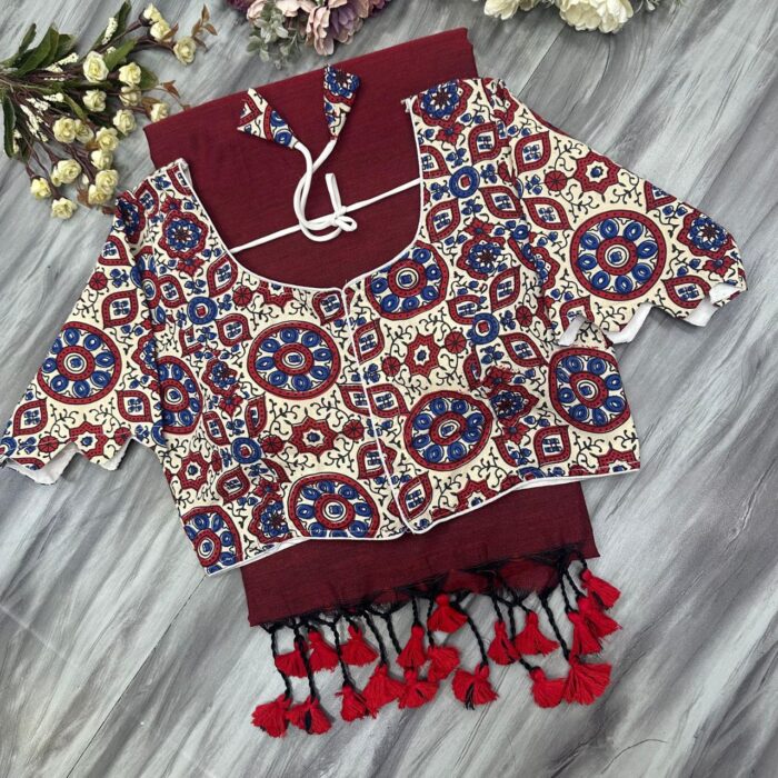 Khadi Cotton Saree with Pure Ajrakh Blouse - Image 2