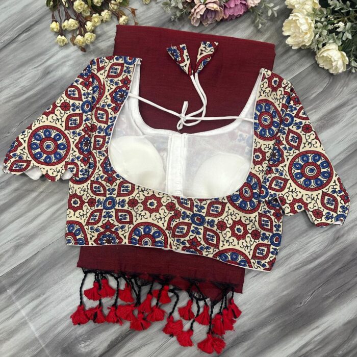 Khadi Cotton Saree with Pure Ajrakh Blouse - Image 3