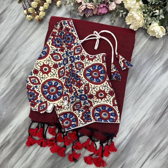Khadi Cotton Saree with Pure Ajrakh Blouse